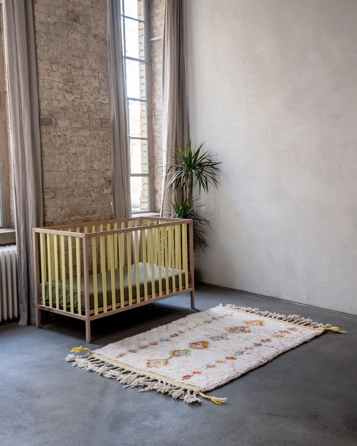 Modern, designer, handcrafted Berber rug from Morocco. Beniourain carpet with beautiful colours and patterns and fluffy wool texture.